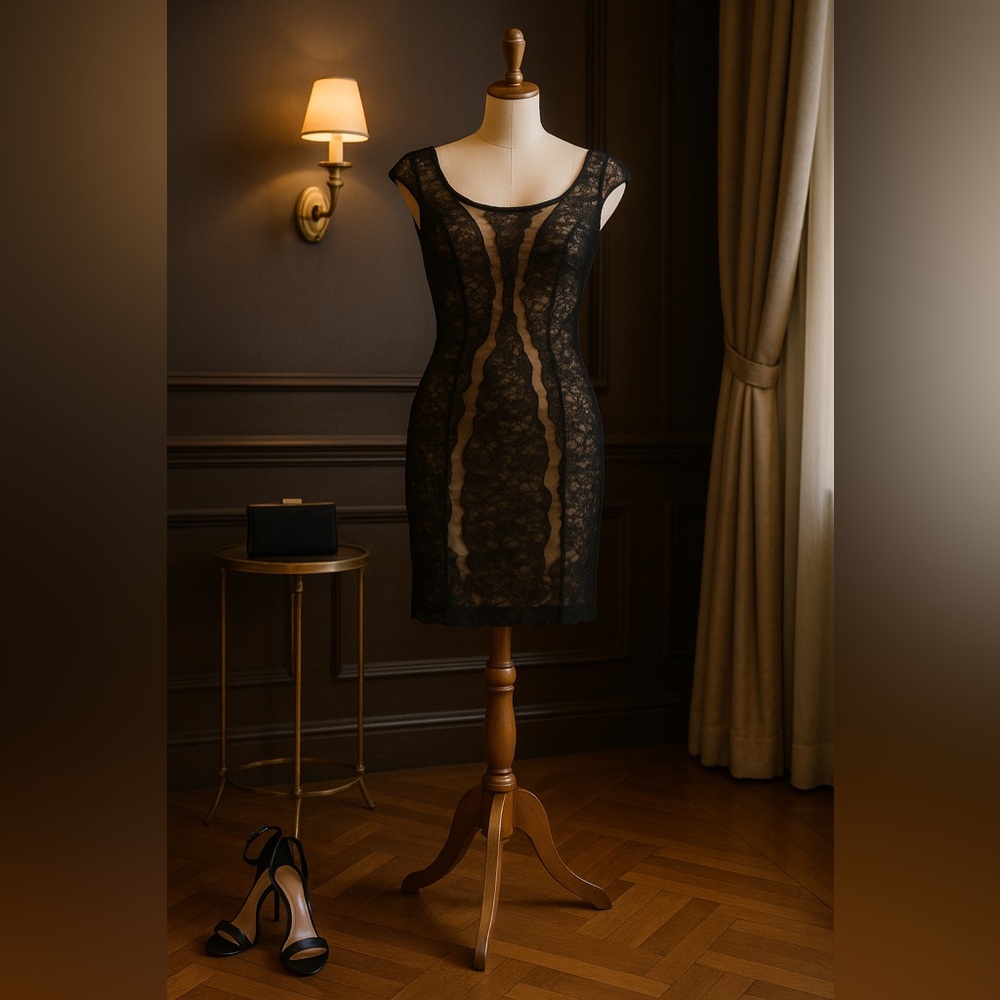 Reem Acra Black Lace over Nude Silk Cocktail Dress | Evening Party | Size 6